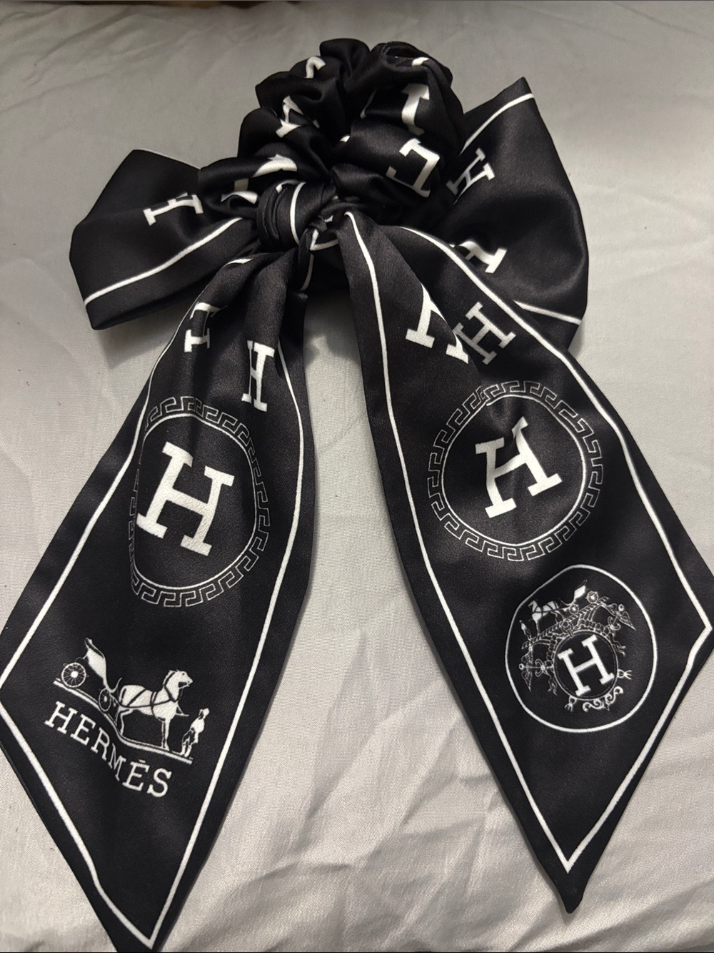 Hermes Black and White Logo Bow Scrunchie Scarf
